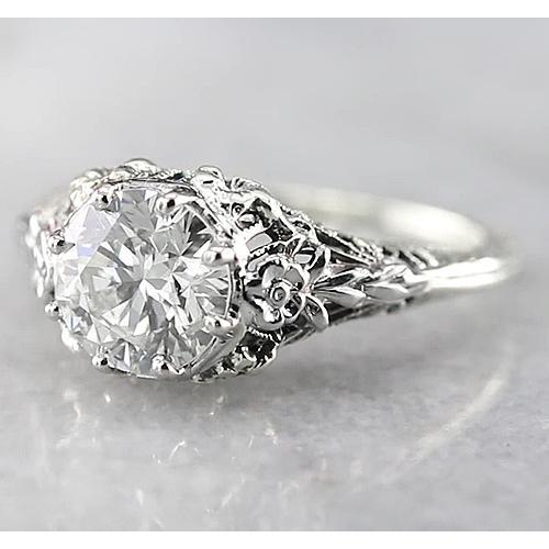 1.50 Carats Real Round Antique Style Engagement Ring White Gold 