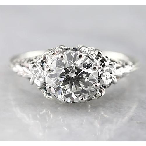 1.50 Carats Real Round Antique Style Engagement Ring White Gold 14K