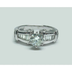 1.50 Carats Round And Baguette Real Natural Earth Mined Diamond Engagement Ring White Gold 14K