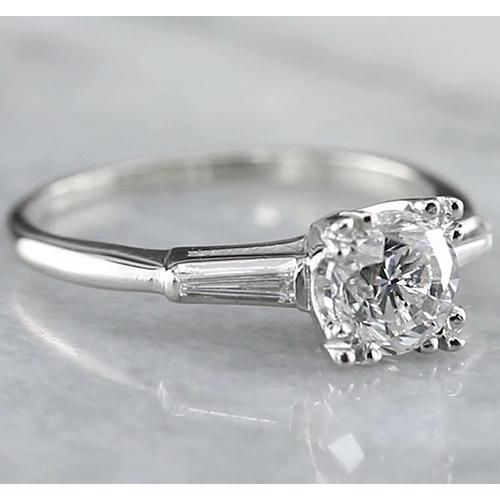 1.50 Carats Round Genuine Diamond Three Stone Ring Baguettes White Gold 