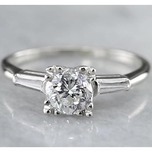 1.50 Carats Round Genuine Diamond Three Stone Ring Baguettes White Gold 14K