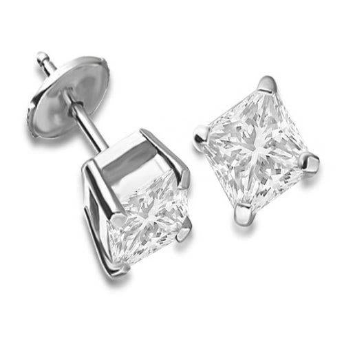 1.50 Ct Princess Real Diamond Stud Earrings 14K White Gold