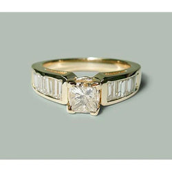 1.50 Ct Princess & Baguette Genuine Diamond Engagement Ring Yellow Gold