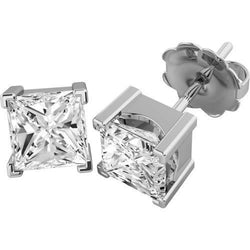 1.5 Carat Princess Cut Real Diamond Stud Earring White Solid Gold 14K