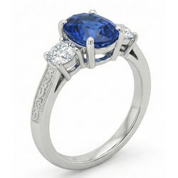 1.5 Ct Oval Sri Lanka Sapphire And Natural Earth Mined Diamond ( Not Lab Grown )  Three Stone Ring Gold 14K