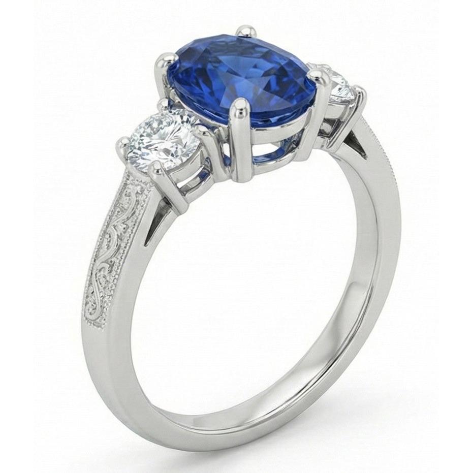 1.5 Ct Oval Sri Lanka Sapphire And Natural Earth Mined Diamond ( Not Lab Grown )  Three Stone Ring Gold 14K