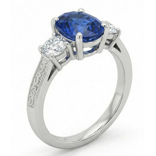 1.5 Ct Oval Sri Lanka Sapphire And Natural Earth Mined Diamond ( Not Lab Grown )  Three Stone Ring Gold 14K