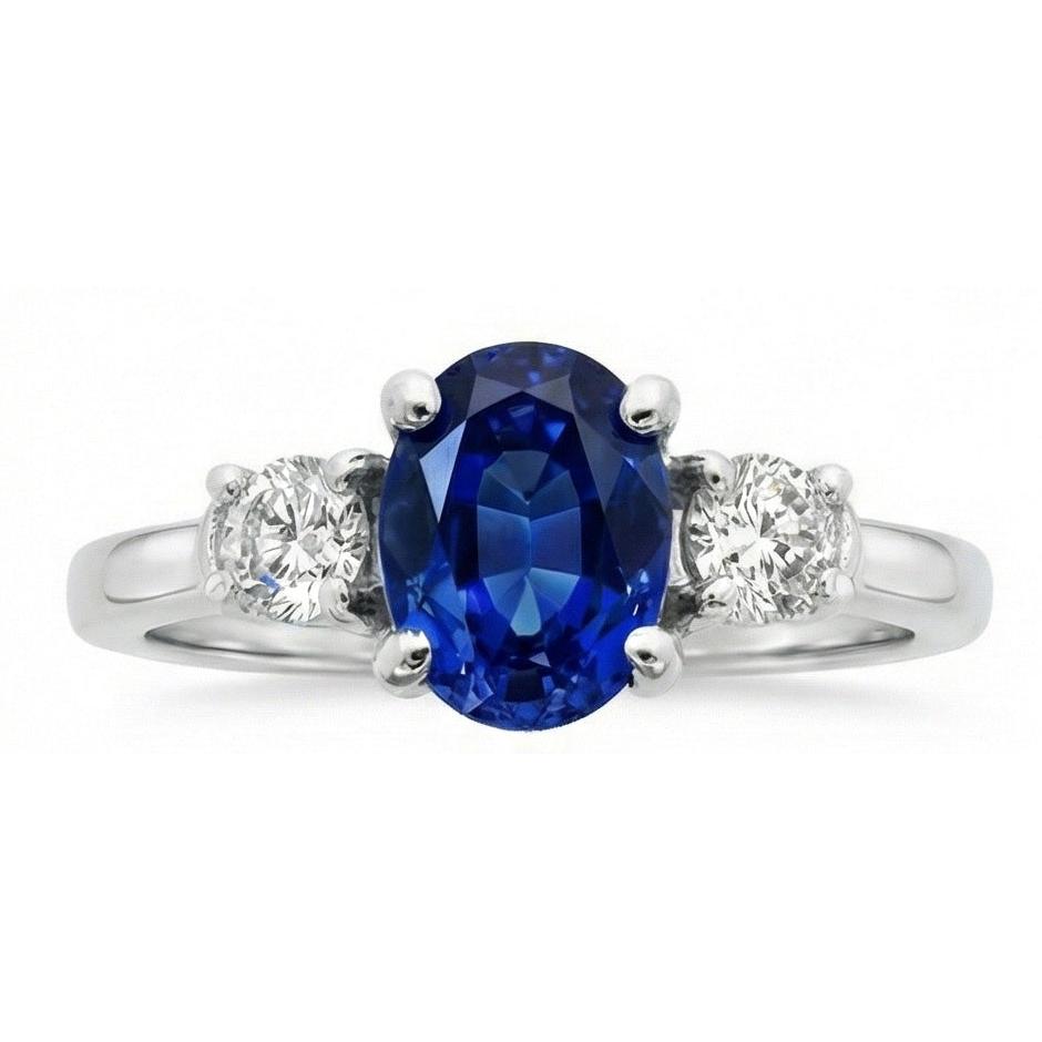1.5 Ct Oval Sri Lanka Sapphire And Natural Earth Mined Diamond ( Not Lab Grown )  Three Stone Ring Gold 14K