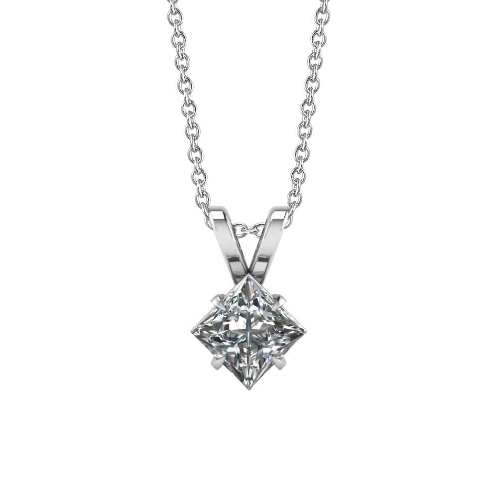 1.5 Ct Solitaire Princess Cut Genuine Diamond Pendant 14K White Gold