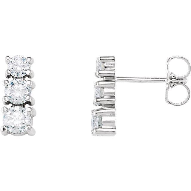 1.5 Ct Three-Stone Real Diamond Stud Earrings 14K White Gold