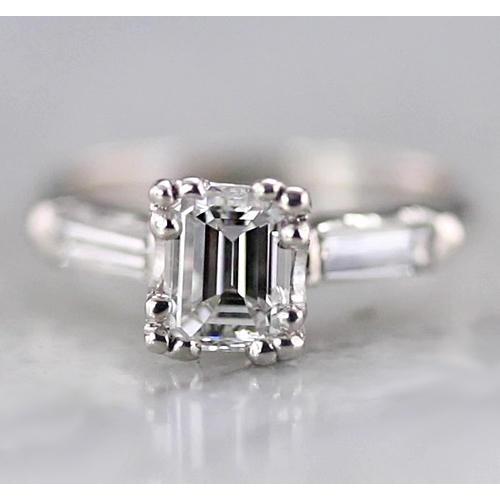 1.60 Carats Emerald Natural Diamond 3 Stone Ring Baguettes White Gold 14K