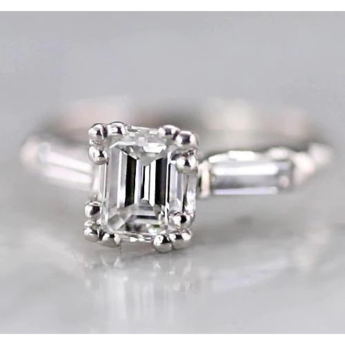 1.60 Carats Emerald Natural Diamond 3 Stone Ring Baguettes White Gold 14K