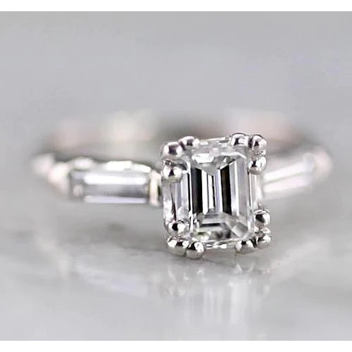 1.60 Carats Emerald Natural Diamond 3 Stone Ring Baguettes White Gold 14K