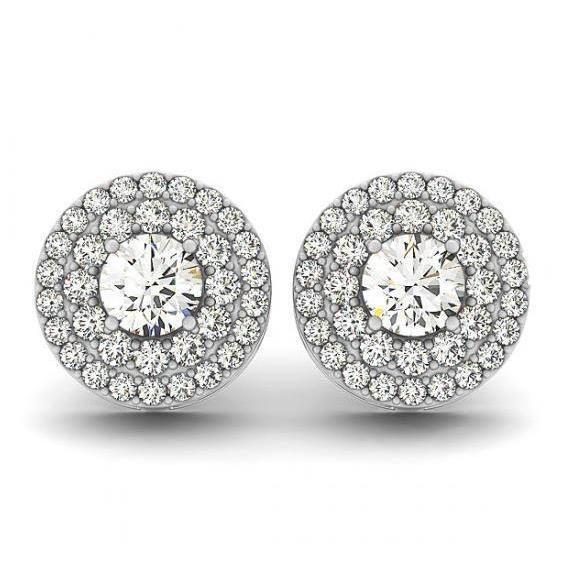 1.68 Carats Round Real Diamonds Studs Halo Pair Earrings White Gold 14K