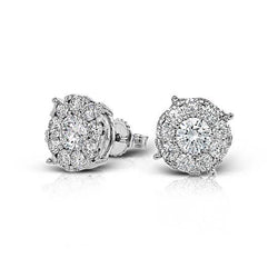 1.70 Carats Round Real Diamond Halo Stud Earring Solid White Gold Jewelry