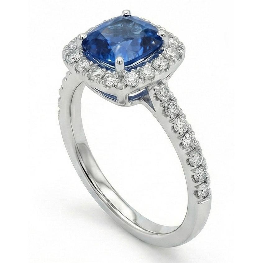 1.75 Ct Blue Cushion Cut Ceylon Sapphire With Natural Earth Mined Diamond ( Not Lab Grown ) Wedding Ring