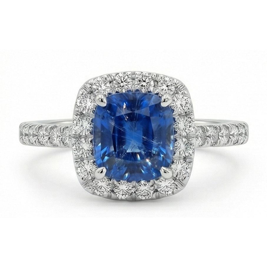 1.75 Ct Blue Cushion Cut Ceylon Sapphire With Natural Earth Mined Diamond ( Not Lab Grown ) Wedding Ring