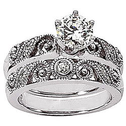 1.78 Carats Diamond Real Engagement Ring Set Vintage Style White Gold 14K