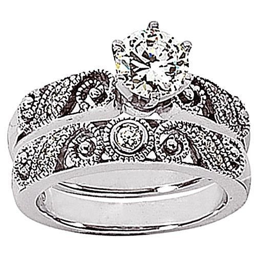 1.78 Carats Diamond Real Engagement Ring Set Vintage Style White Gold 14K - Engagement Ring Set-harrychadent.ca