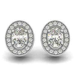 1.86 Carats Real Oval Diamonds Halo Studs Pair Earrings White Gold 14K