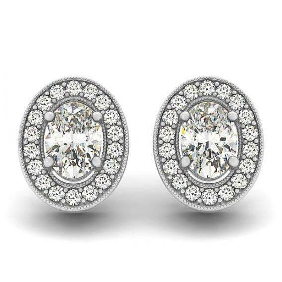 1.86 Carats Real Oval Diamonds Halo Studs Pair Earrings White Gold 14K - Halo Stud Earrings-harrychadent.ca