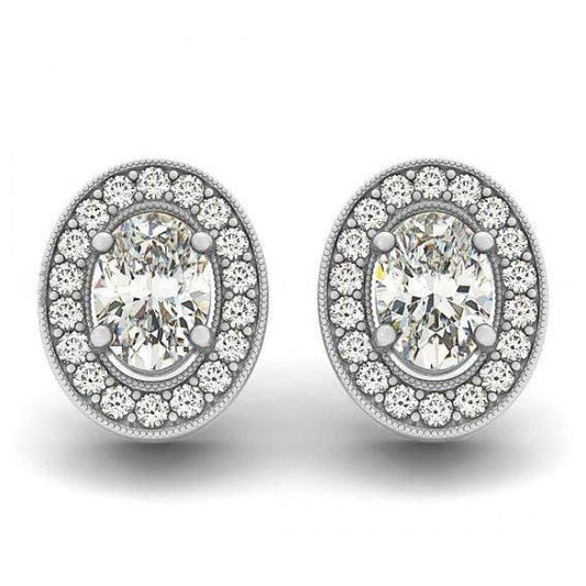 1.86 Carats Real Oval Diamonds Halo Studs Pair Earrings White Gold 14K - Halo Stud Earrings-harrychadent.ca