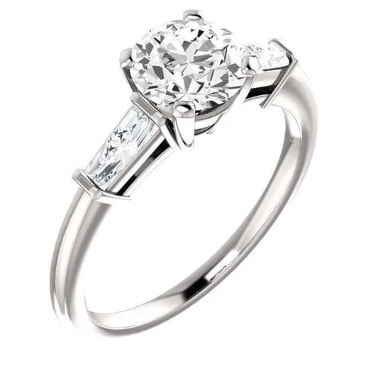 1.90 Carats Round Baguette Natural Diamonds Three Stone Ring