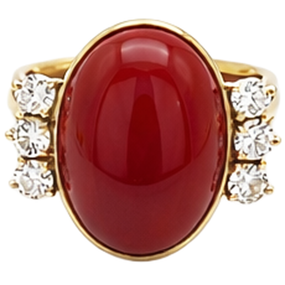 10.25 Carats Big Red Coral With Natural Earth Mined Diamond ( Not Lab Grown )s Ring New Yellow Gold 14K