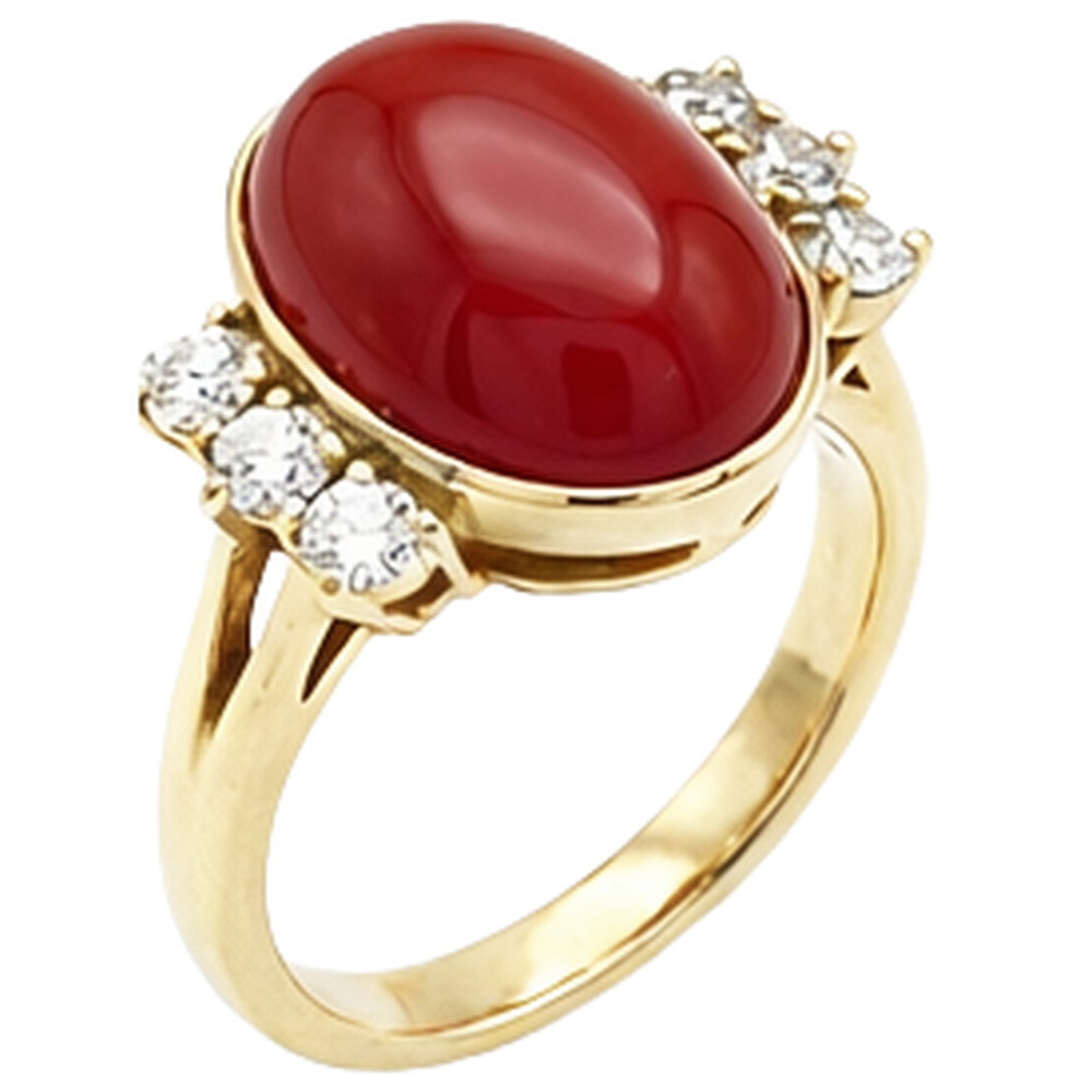 10.25 Carats Big Red Coral With Natural Earth Mined Diamond ( Not Lab Grown )s Ring New Yellow Gold 14K