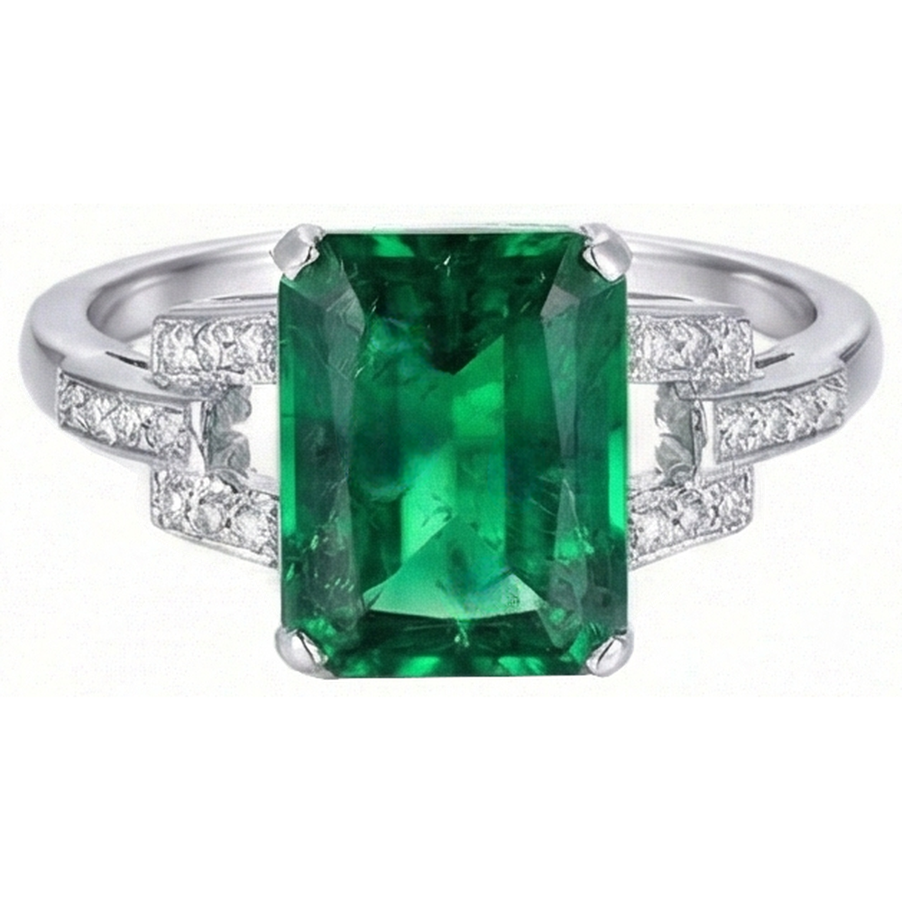 10.70 Carats Prong Set Green Emerald And Natural Earth Mined Diamond ( Not Lab Grown ) s Ring WG 14K