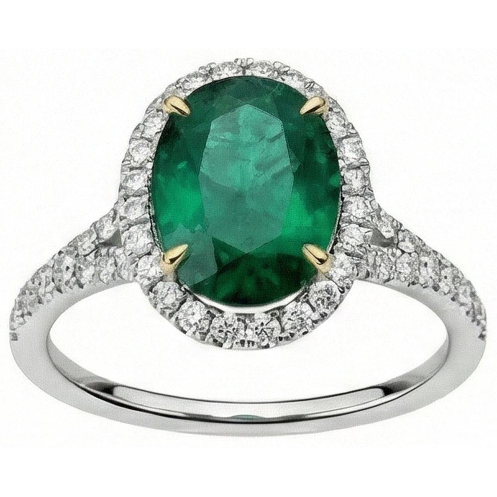 10 Carats Oval Green Emerald And Round Natural Earth Mined Diamond ( Not Lab Grown ) Ring Fine Jewelry