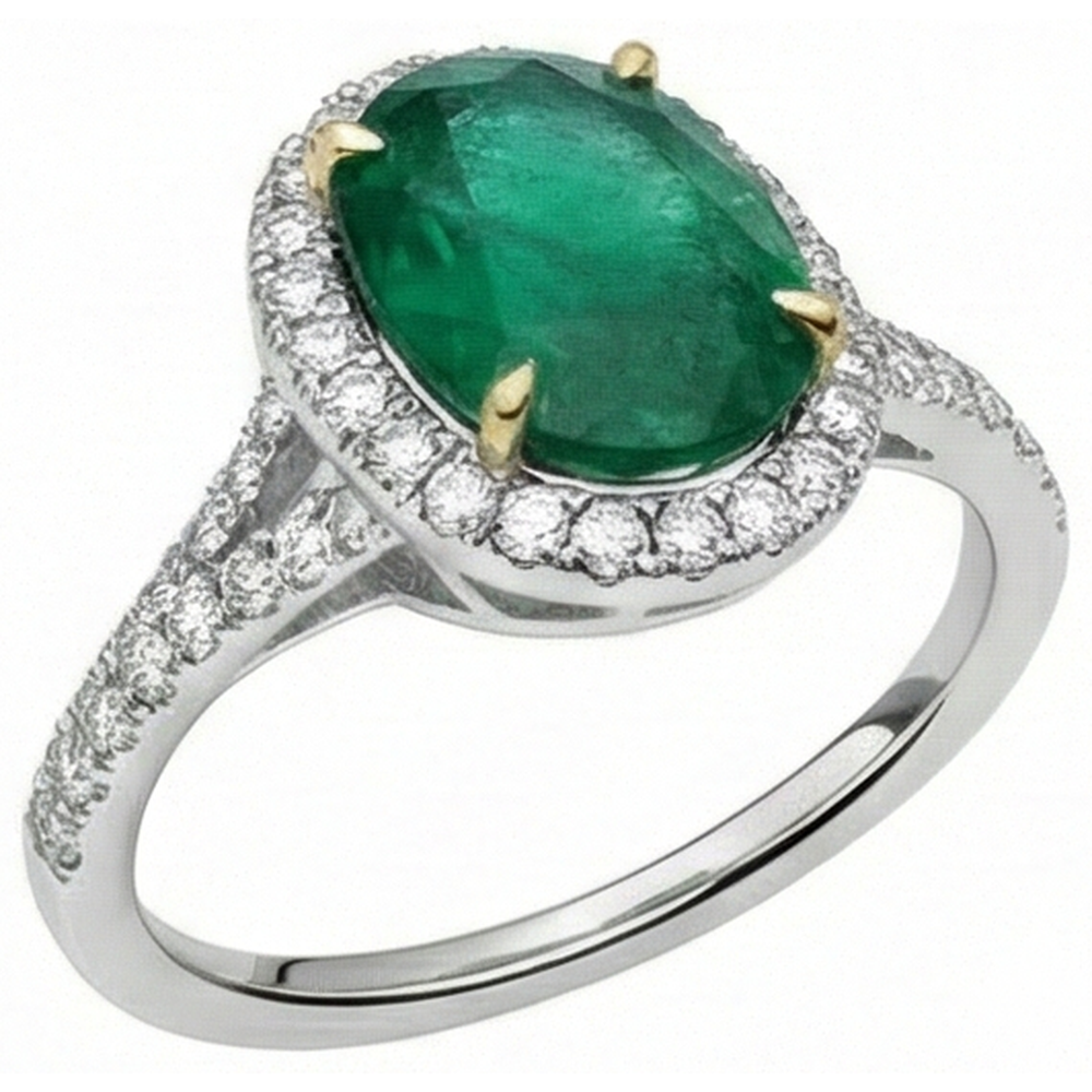 10 Carats Oval Green Emerald And Round Natural Earth Mined Diamond ( Not Lab Grown ) Ring Fine Jewelry