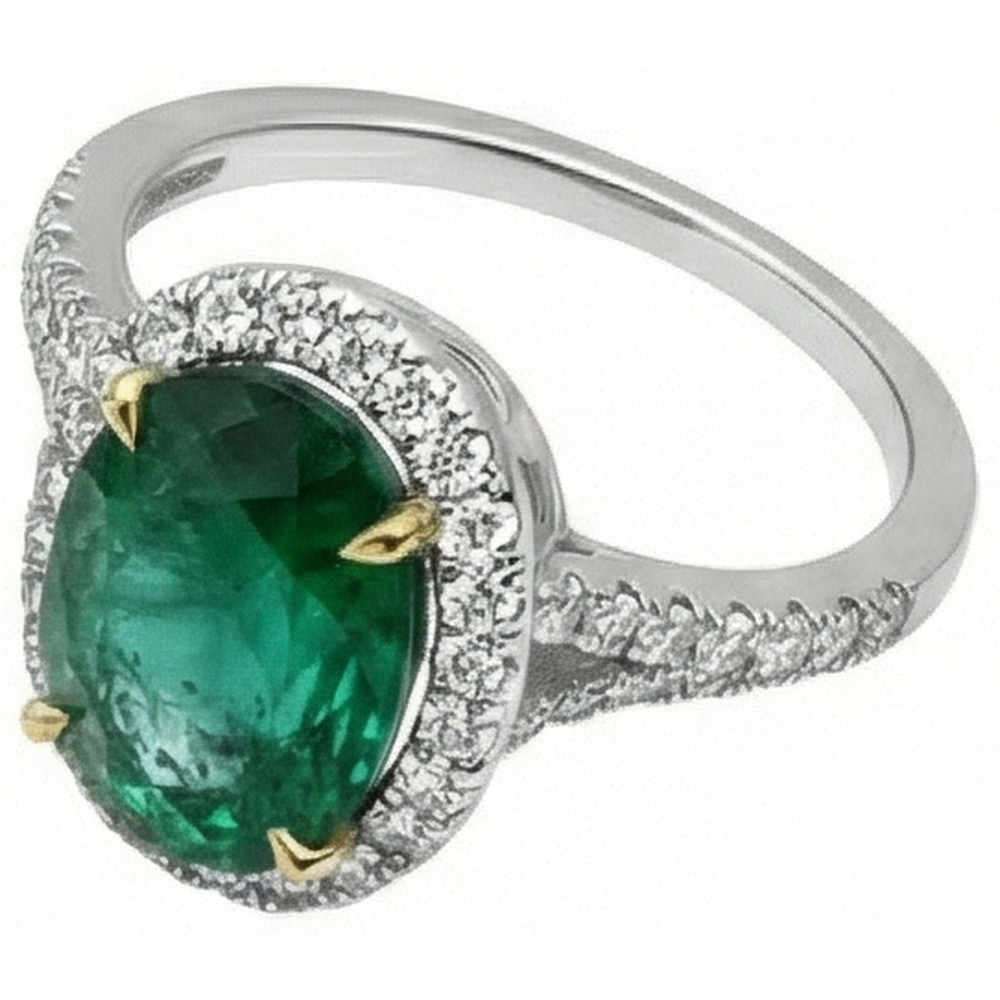 10 Carats Oval Green Emerald And Round Natural Earth Mined Diamond ( Not Lab Grown ) Ring Fine Jewelry