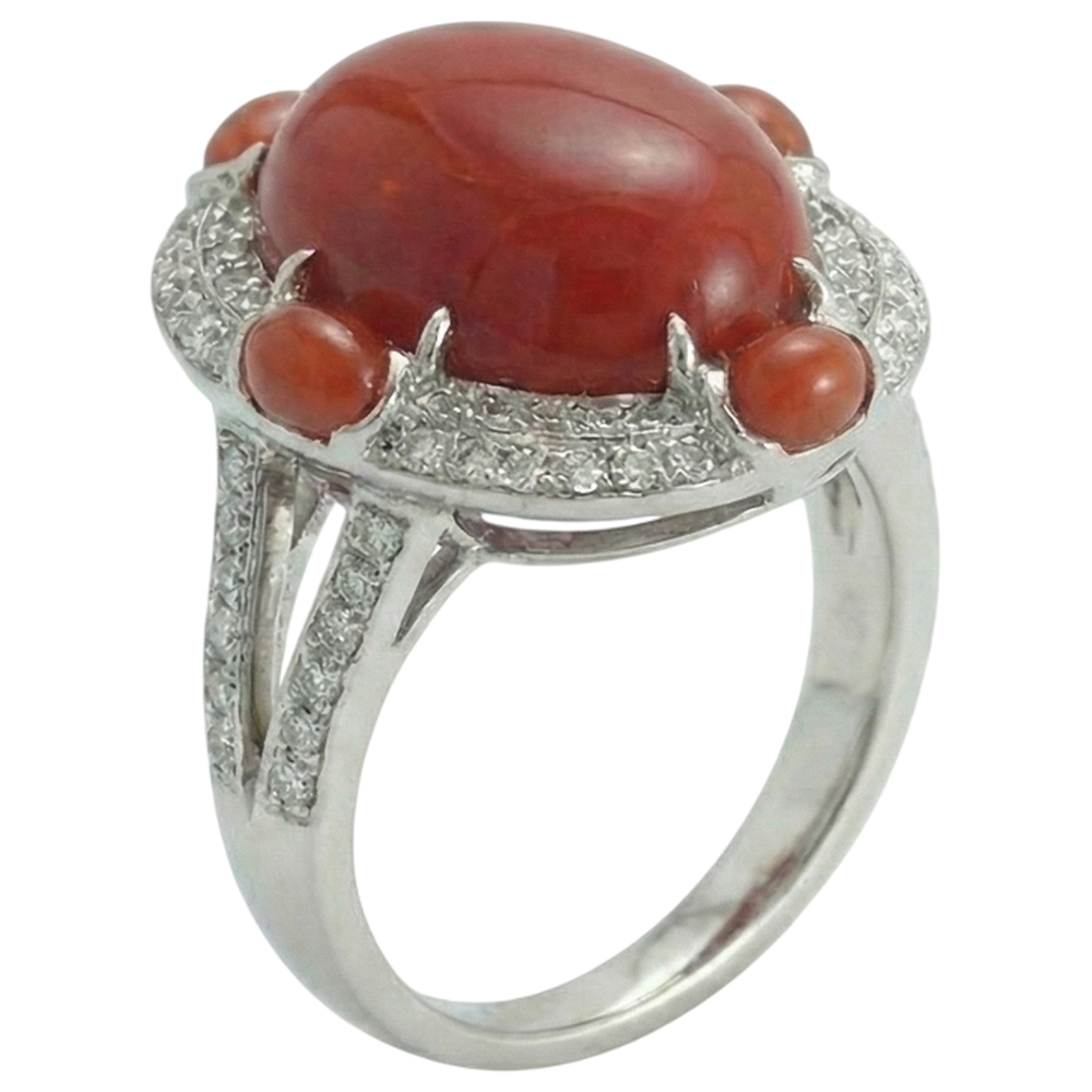 10 Ct Coral And Natural Earth Mined Diamond ( Not Lab Grown )s Engagement Ring White Gold 14K