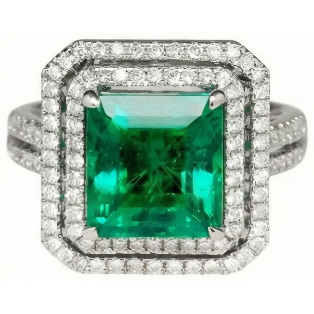 10 Ct Princess Cut Green Emerald With Natural Earth Mined Diamond ( Not Lab Grown ) Ring