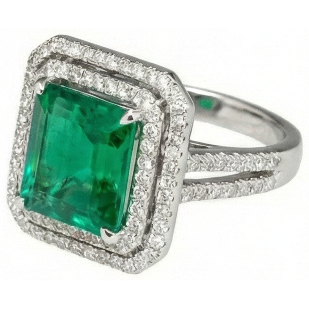 10 Ct Princess Cut Green Emerald With Natural Earth Mined Diamond ( Not Lab Grown ) Ring