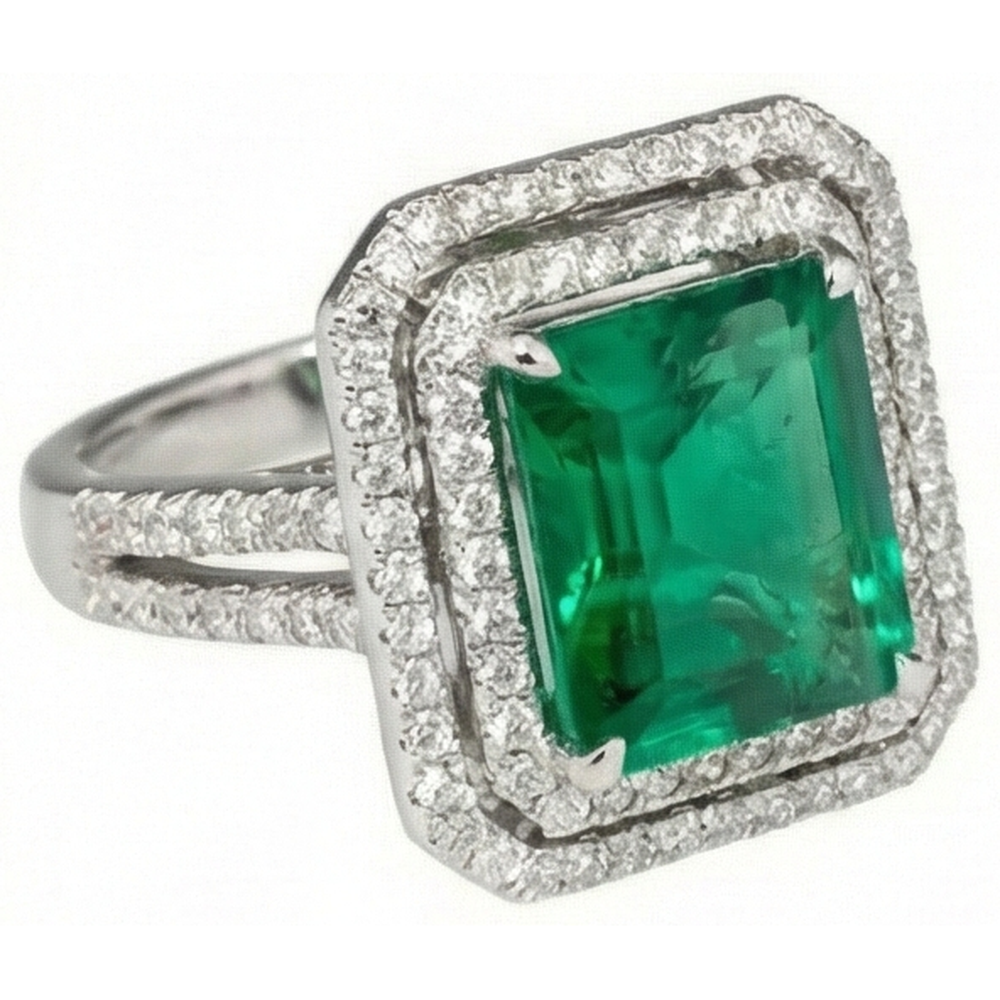 10 Ct Princess Cut Green Emerald With Natural Earth Mined Diamond ( Not Lab Grown ) Ring