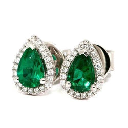 10 Carats Pear Cut Green Emerald With Round Natural Earth Mined Diamond Stud Halo Earrings 14K