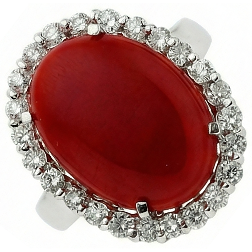 11.25 Ct Prong Set Red Coral With Natural Earth Mined Diamond ( Not Lab Grown )s Ring 14K White Gold
