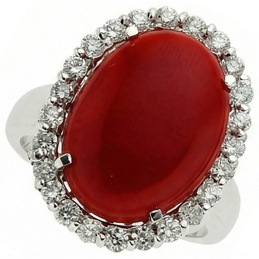 11.25 Ct Prong Set Red Coral With Natural Earth Mined Diamond ( Not Lab Grown )s Ring 14K White Gold