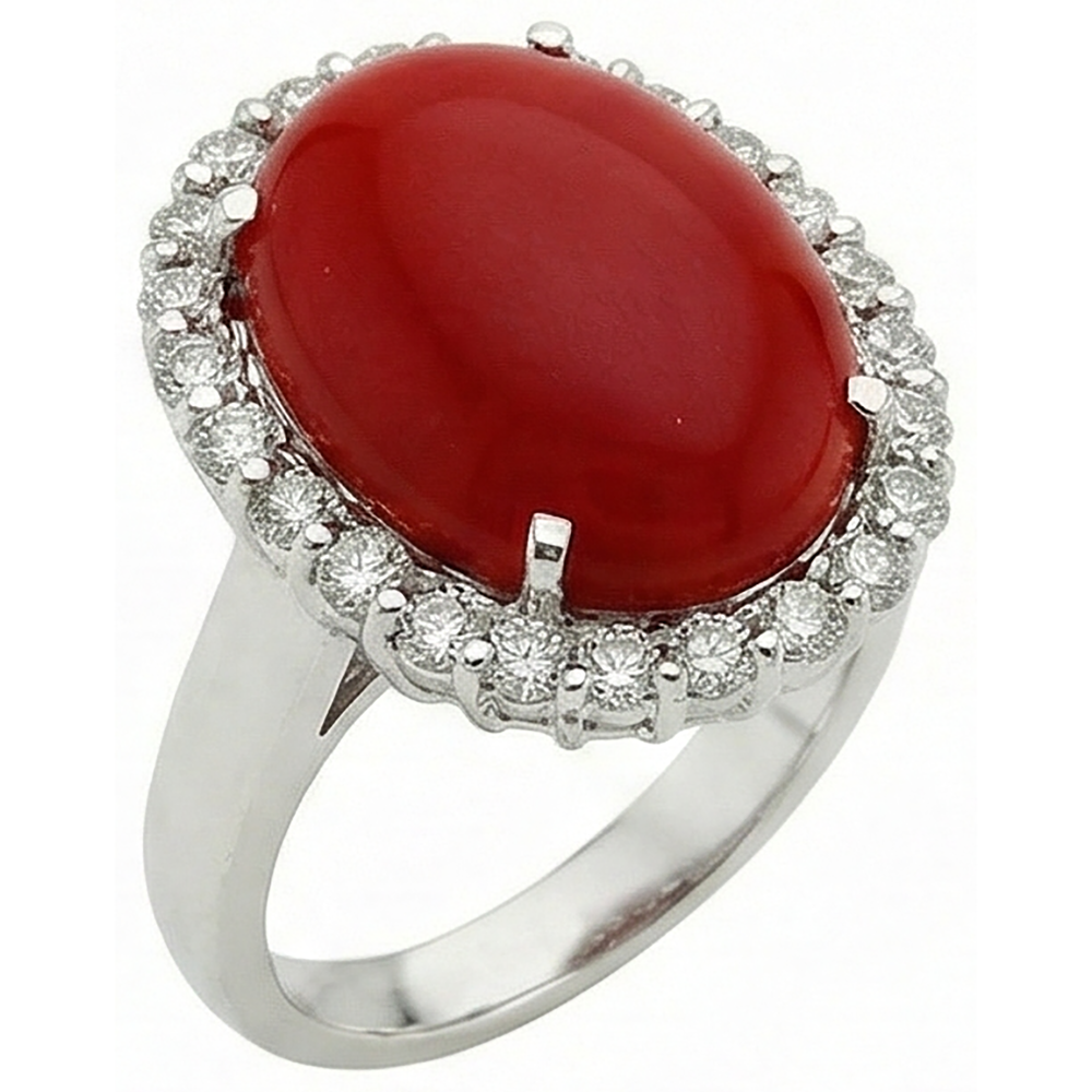 11.25 Ct Prong Set Red Coral With Natural Earth Mined Diamond ( Not Lab Grown )s Ring 14K White Gold