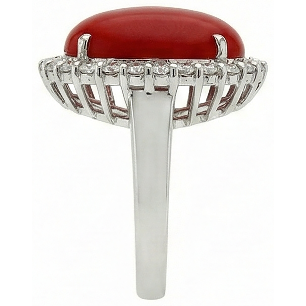 11.25 Ct Prong Set Red Coral With Natural Earth Mined Diamond ( Not Lab Grown )s Ring 14K White Gold