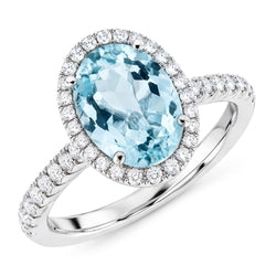 11.70 Ct Oval Aquamarine And Round Natural Earth Mined Diamond ( Not Lab Grown )s Ring 14K White Gold