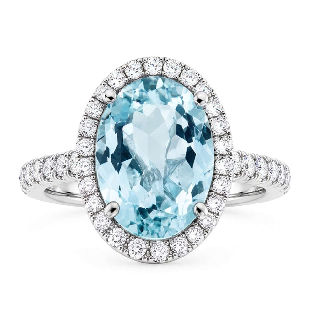 11.70 Ct Oval Aquamarine And Round Natural Earth Mined Diamond ( Not Lab Grown )s Ring 14K White Gold