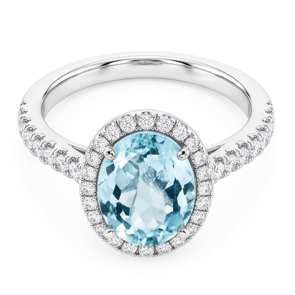 11.70 Ct Oval Aquamarine And Round Natural Earth Mined Diamond ( Not Lab Grown )s Ring 14K White Gold