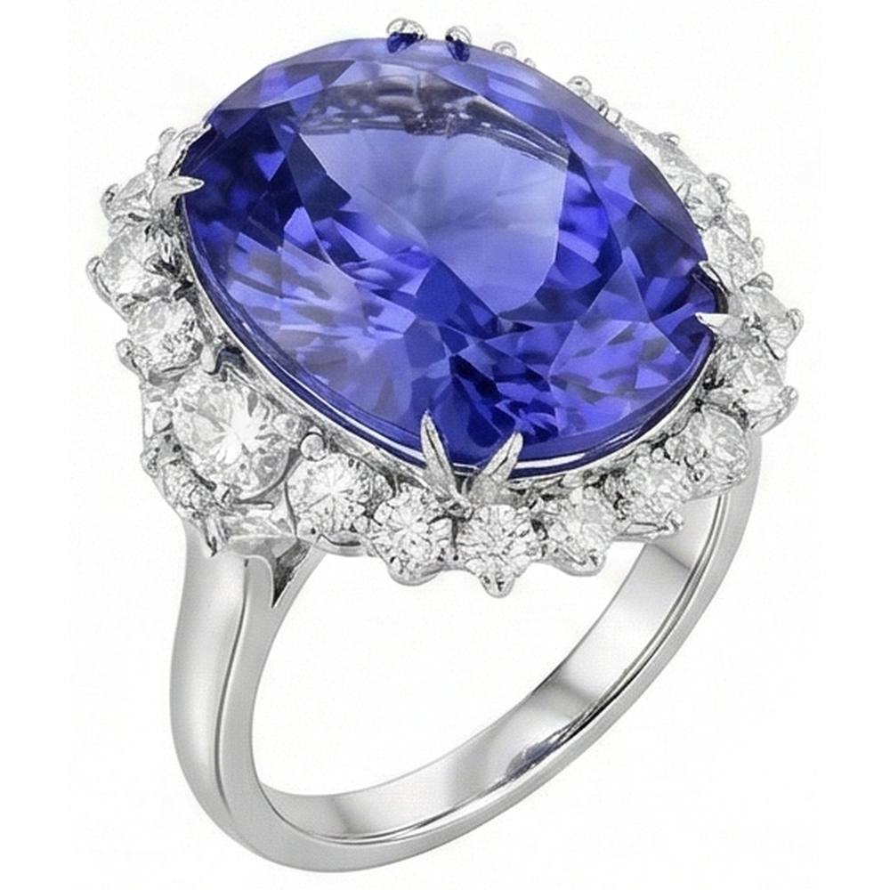 12.25 Ct Big Oval Tanzanite With Natural Earth Mined Diamond ( Not Lab Grown )s Wedding Ring White Gold