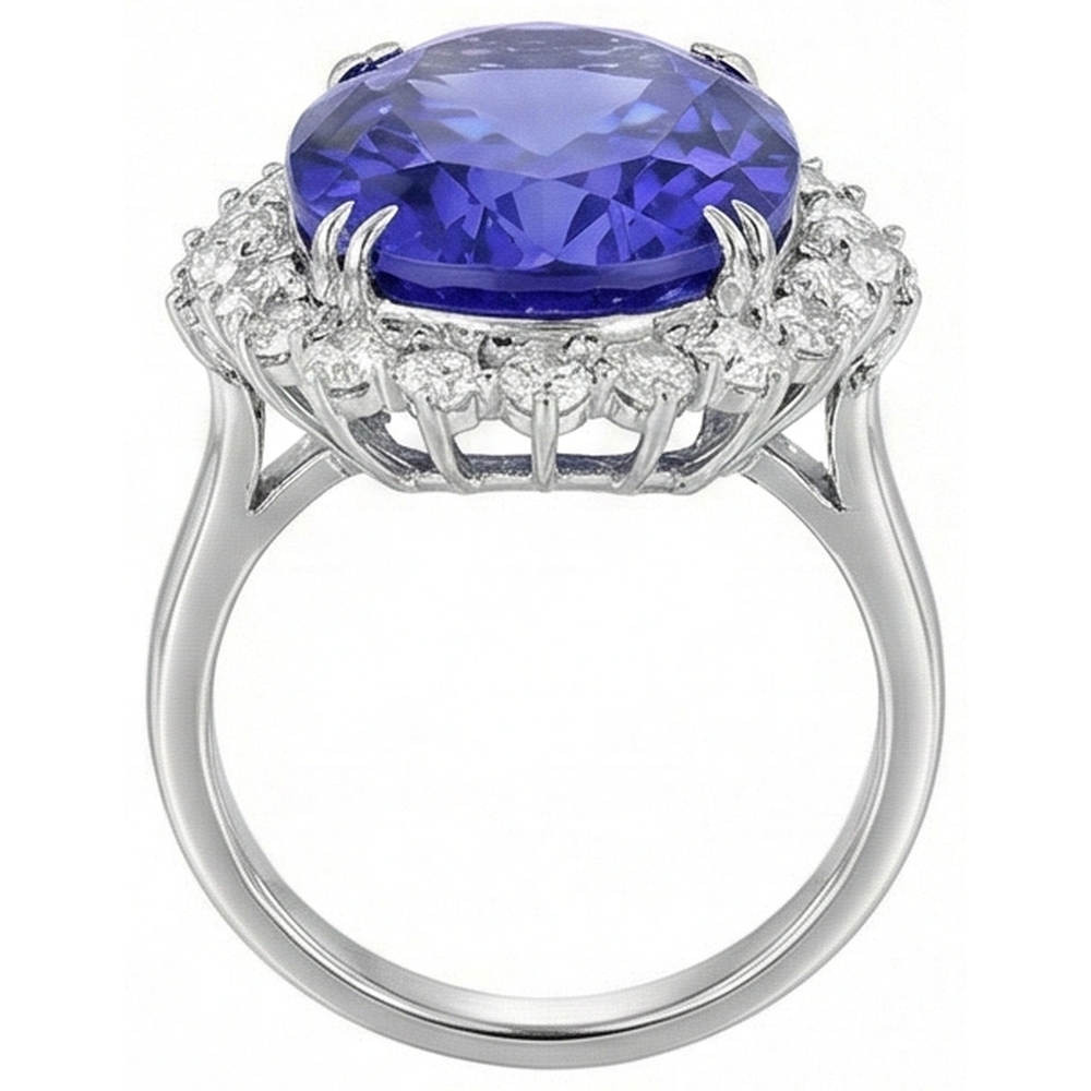12.25 Ct Big Oval Tanzanite With Natural Earth Mined Diamond ( Not Lab Grown )s Wedding Ring White Gold