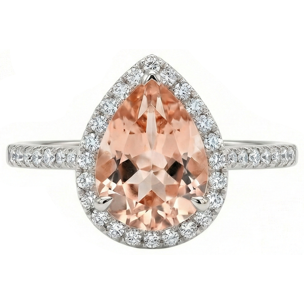 12.50 Ct Pear Morganite With Natural Earth Mined Diamond ( Not Lab Grown )s Wedding Ring 14K White Gold
