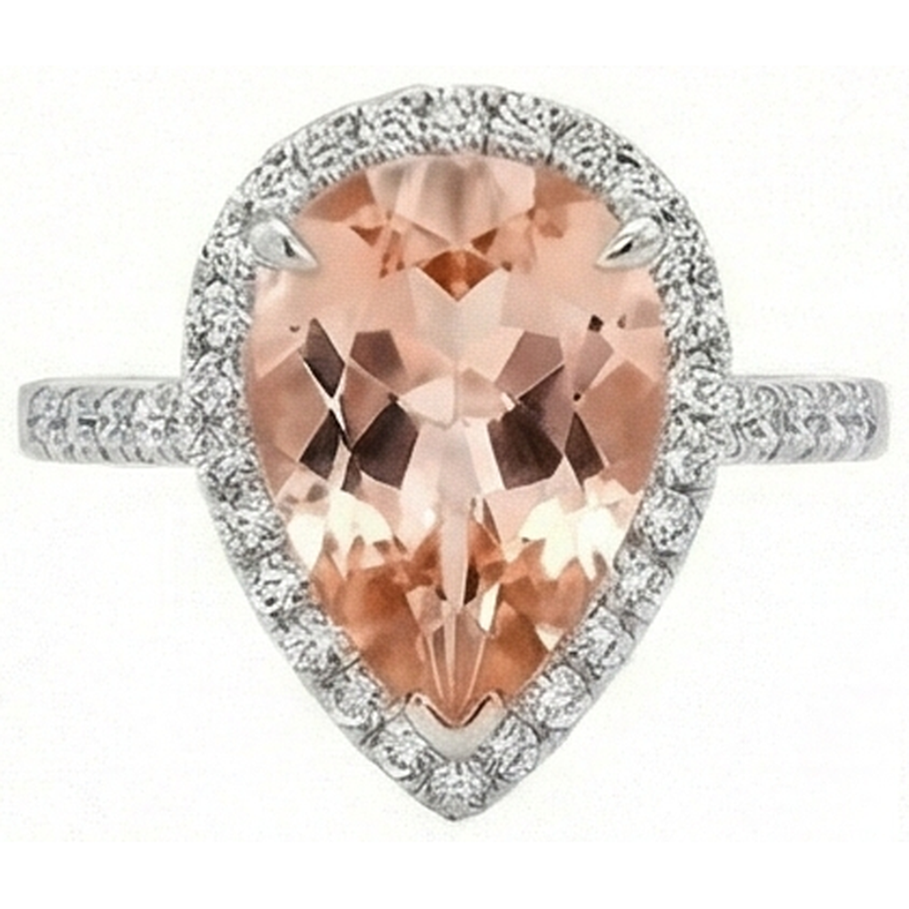 12.50 Ct Pear Morganite With Natural Earth Mined Diamond ( Not Lab Grown )s Wedding Ring 14K White Gold
