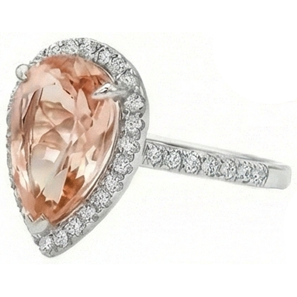 12.50 Ct Pear Morganite With Natural Earth Mined Diamond ( Not Lab Grown )s Wedding Ring 14K White Gold